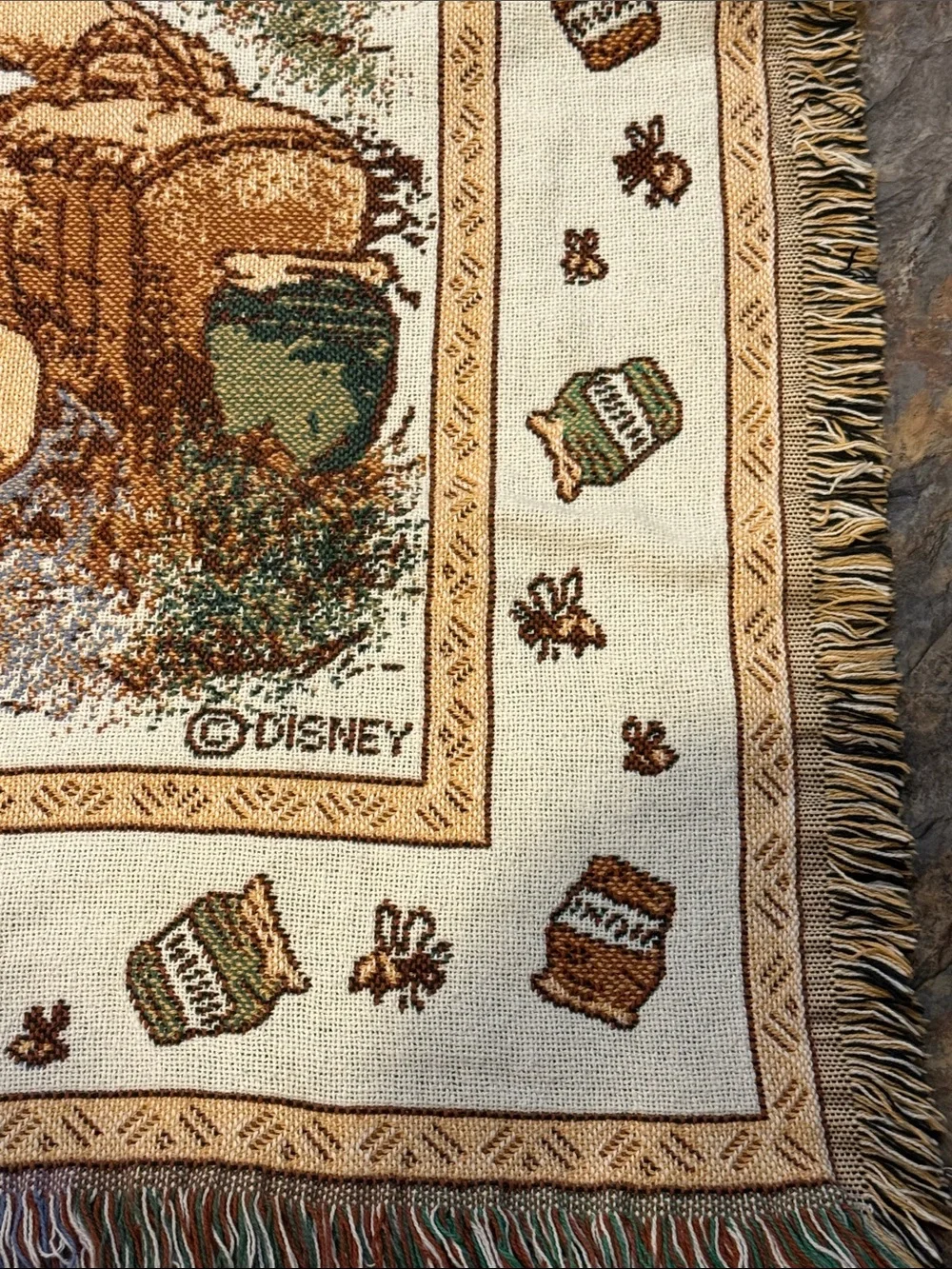 Disney Winnie the Pooh Beige, Brown, Green Tapestry Throw 3.25 x 4.25